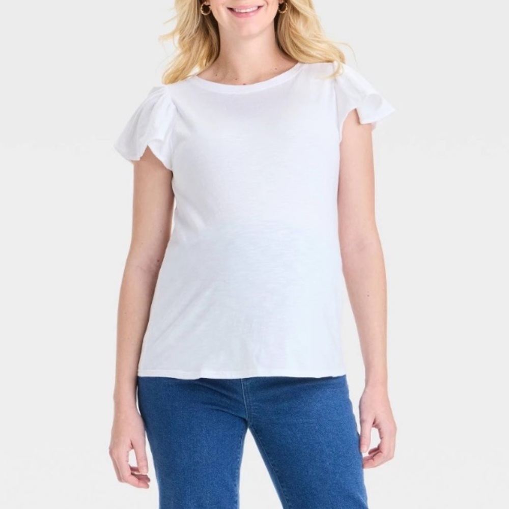 Isabel Maternity White Flutter Short Sleeve T-Shirt Cotton Knit Crew Neck